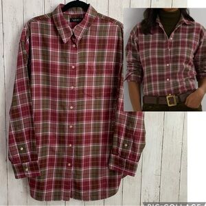 NWT Lauren Ralph Lauren Shirt Plaid Pocket Cotton Top Long Sleeve Women's 1X